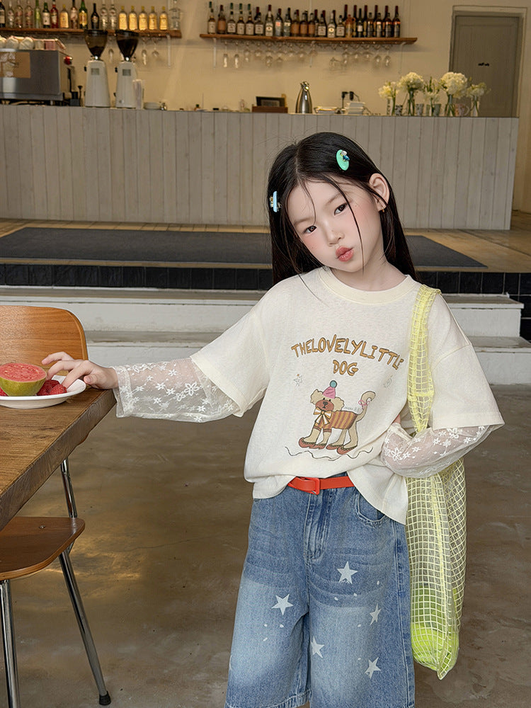 【100-170cm】氛圍感韓系甜美假兩件防曬蕾絲袖T