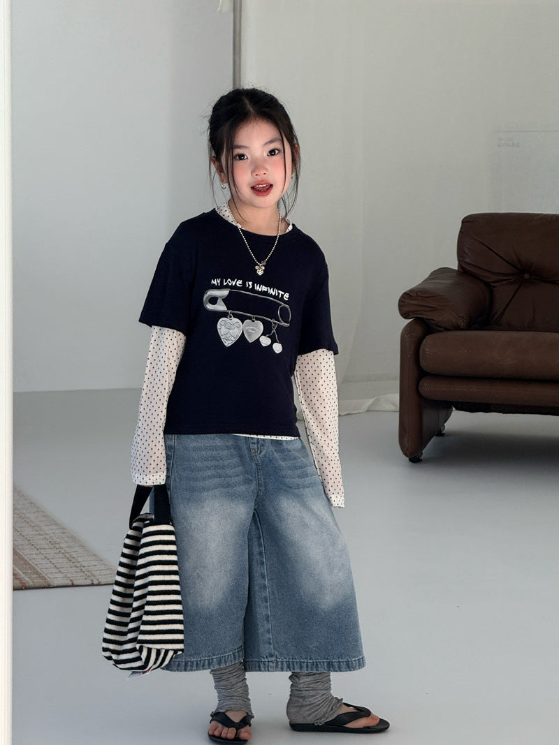 【120-160cm】過膝七分牛仔褲