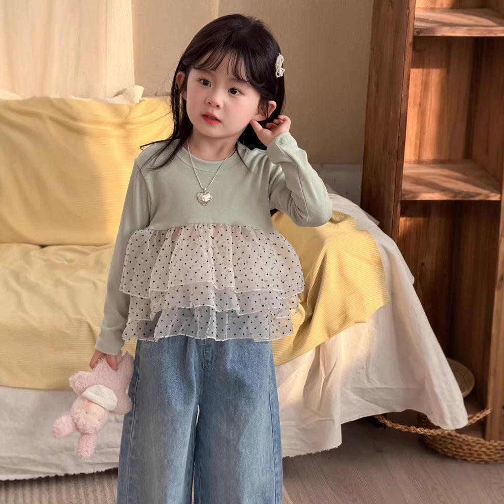 【90-140cm】(2色)波點網紗拼接公主蓬蓬裙上衣