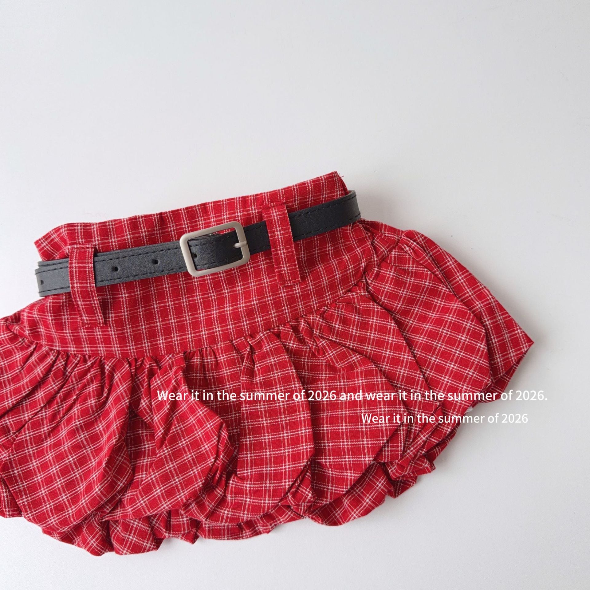 【90-150cm】【含皮帶】紅格子蛋糕小短裙