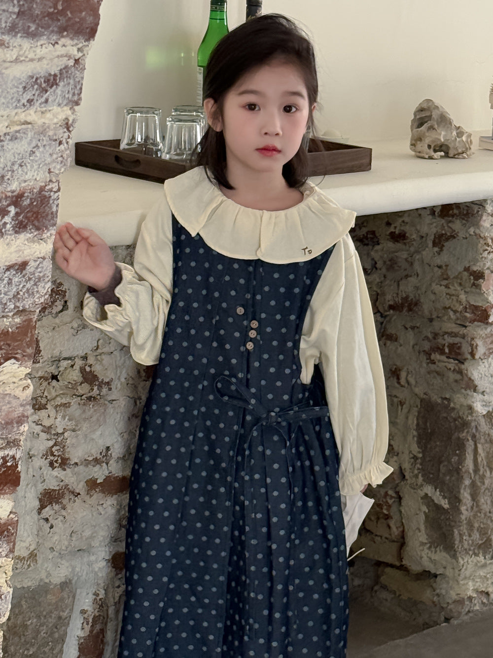 圓點繫帶長袖牛仔背心裙