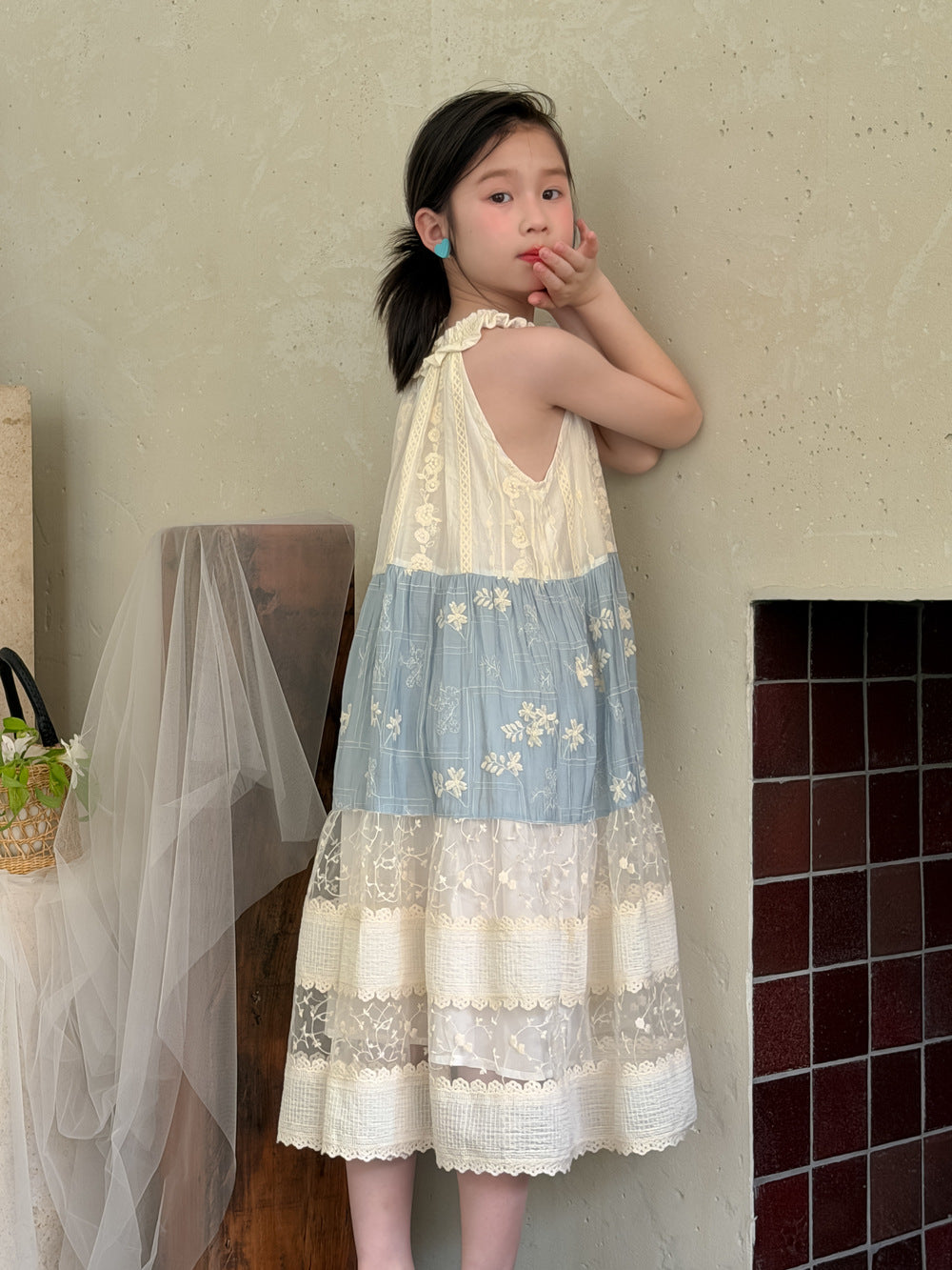 【100-160cm】韓版花朵掛脖連身裙