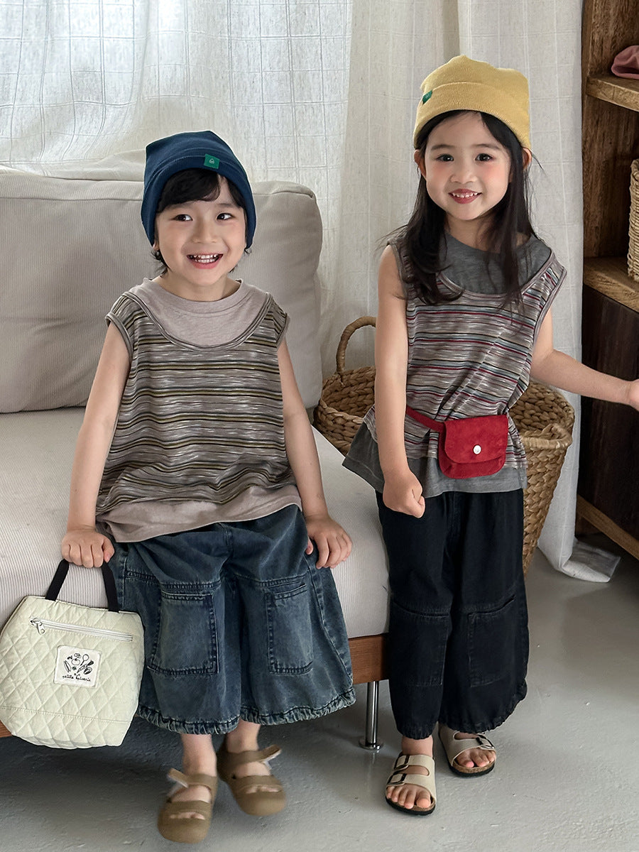 【80-140cm】條紋假兩件背心拼接無袖T