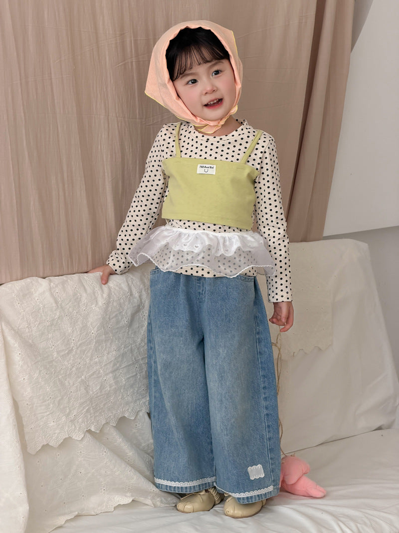 【90-140cm】假兩件長袖圓點吊帶拼色上衣