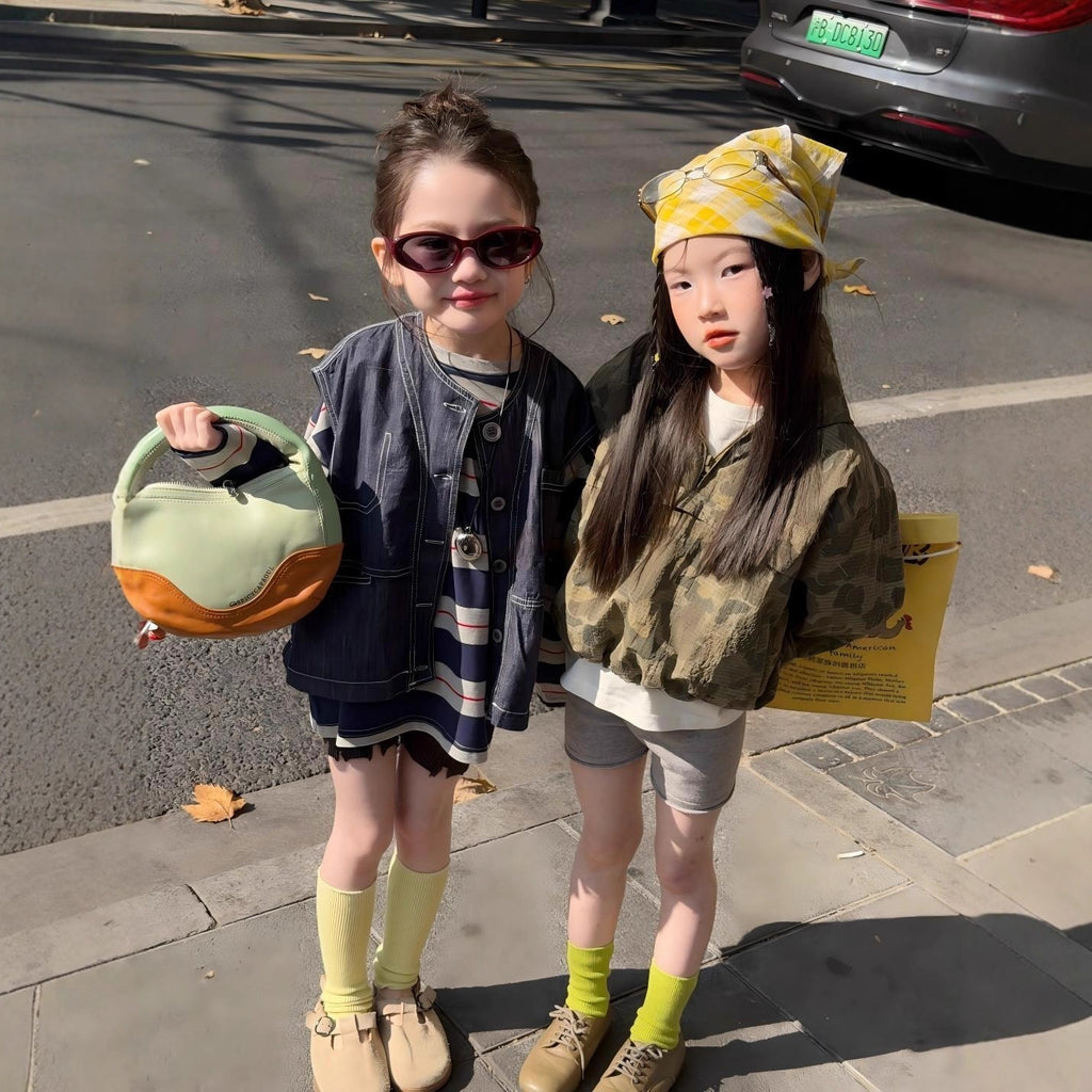 【90-140cm】寬鬆條紋T恤 | 牛仔馬甲 | 不規則針織短褲