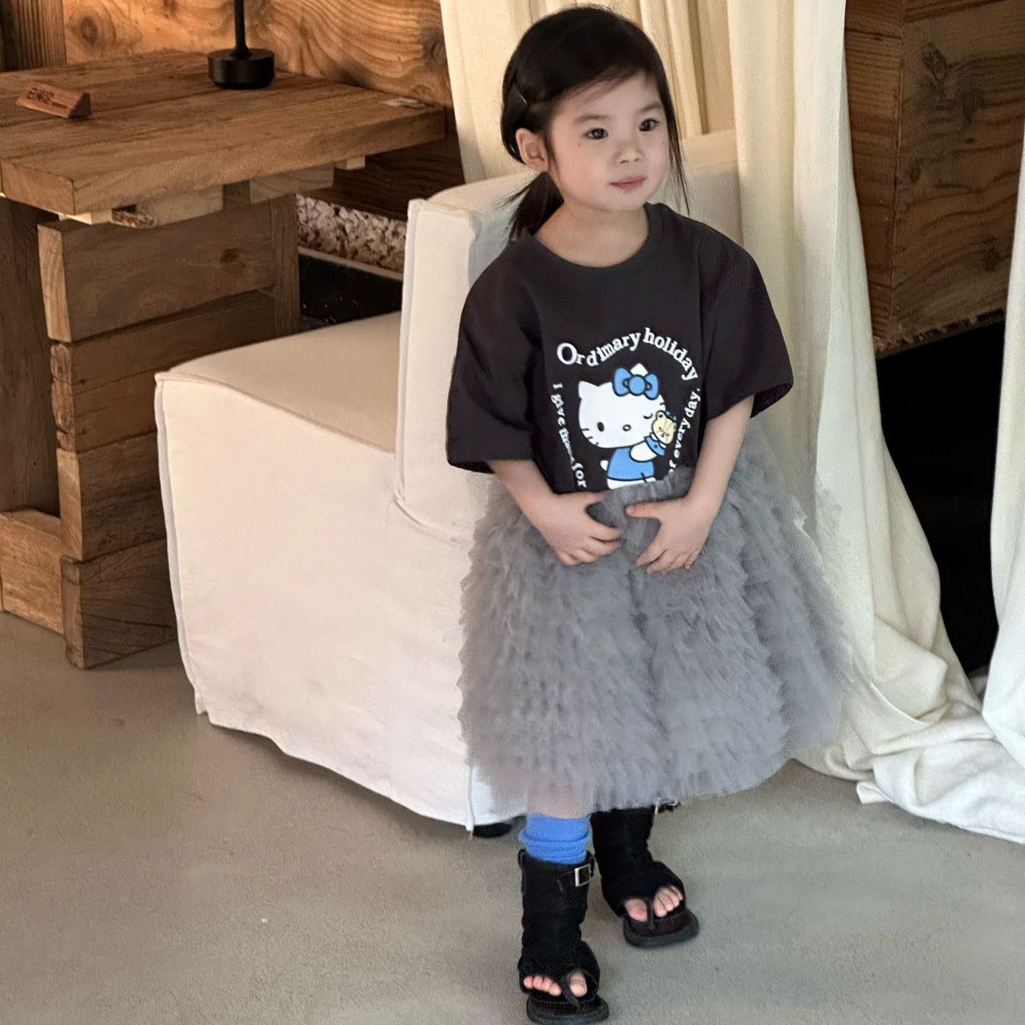 【90-140cm】KT寬鬆T | 灰色紗裙