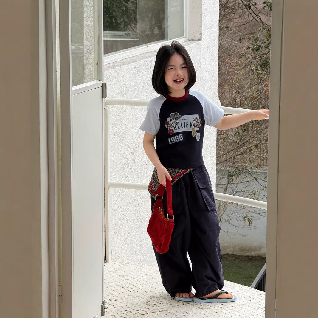 【120-160cm】口袋闊腿工裝褲