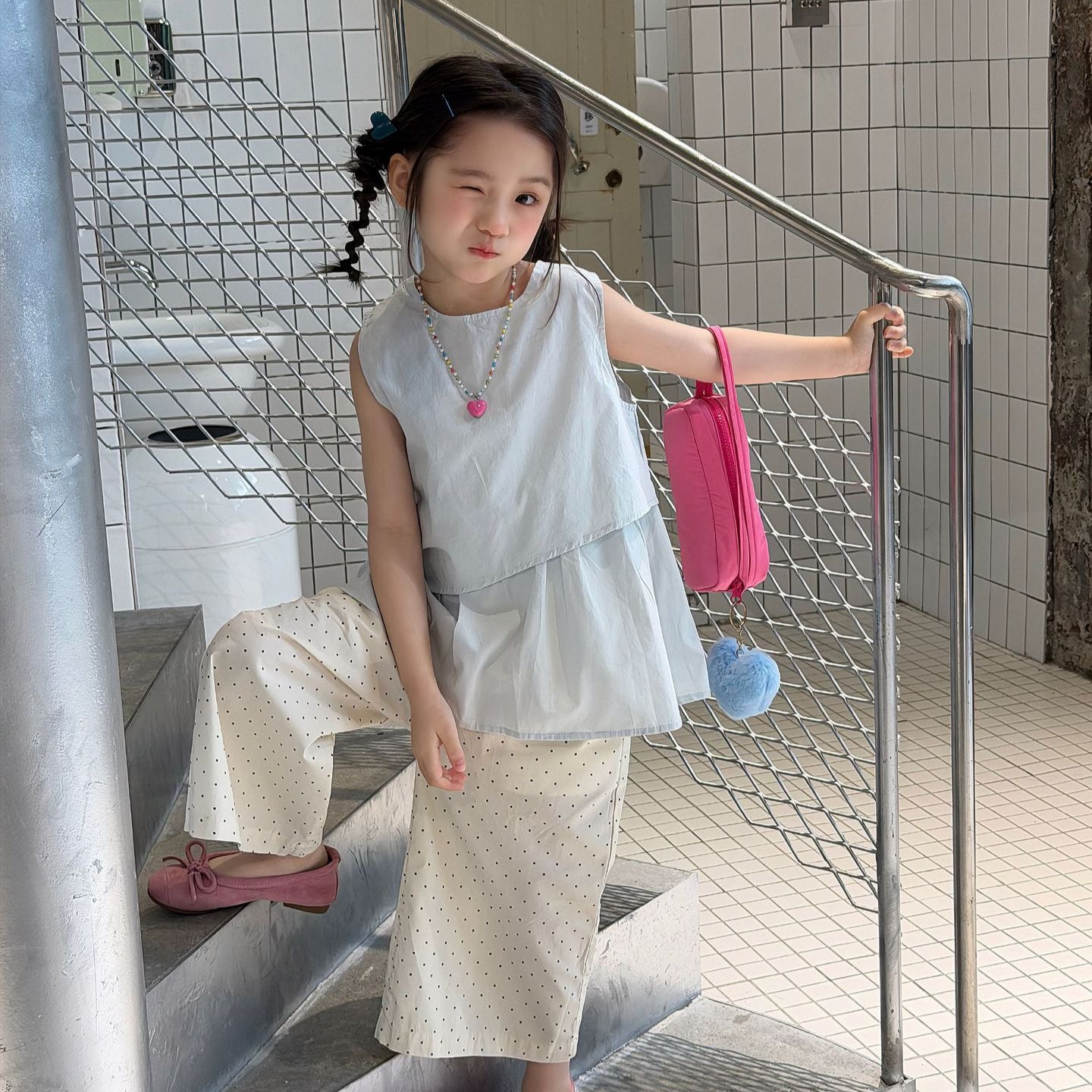 【100-160cm】娃娃衫+波點闊腿褲兩件套