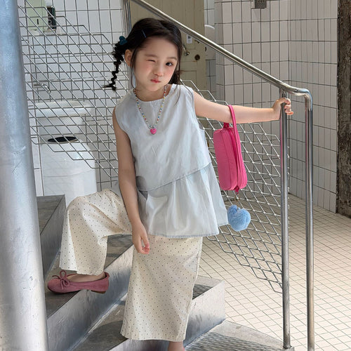 【100-160cm】娃娃衫+波點闊腿褲兩件套