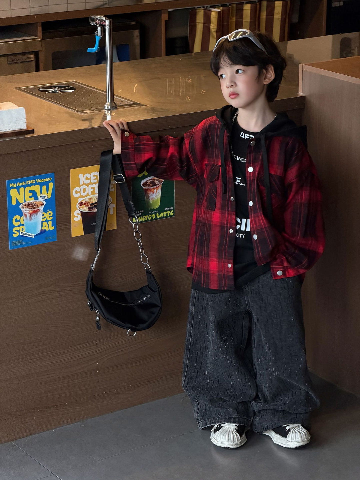 【90-160cm】街頭感連帽格子外套