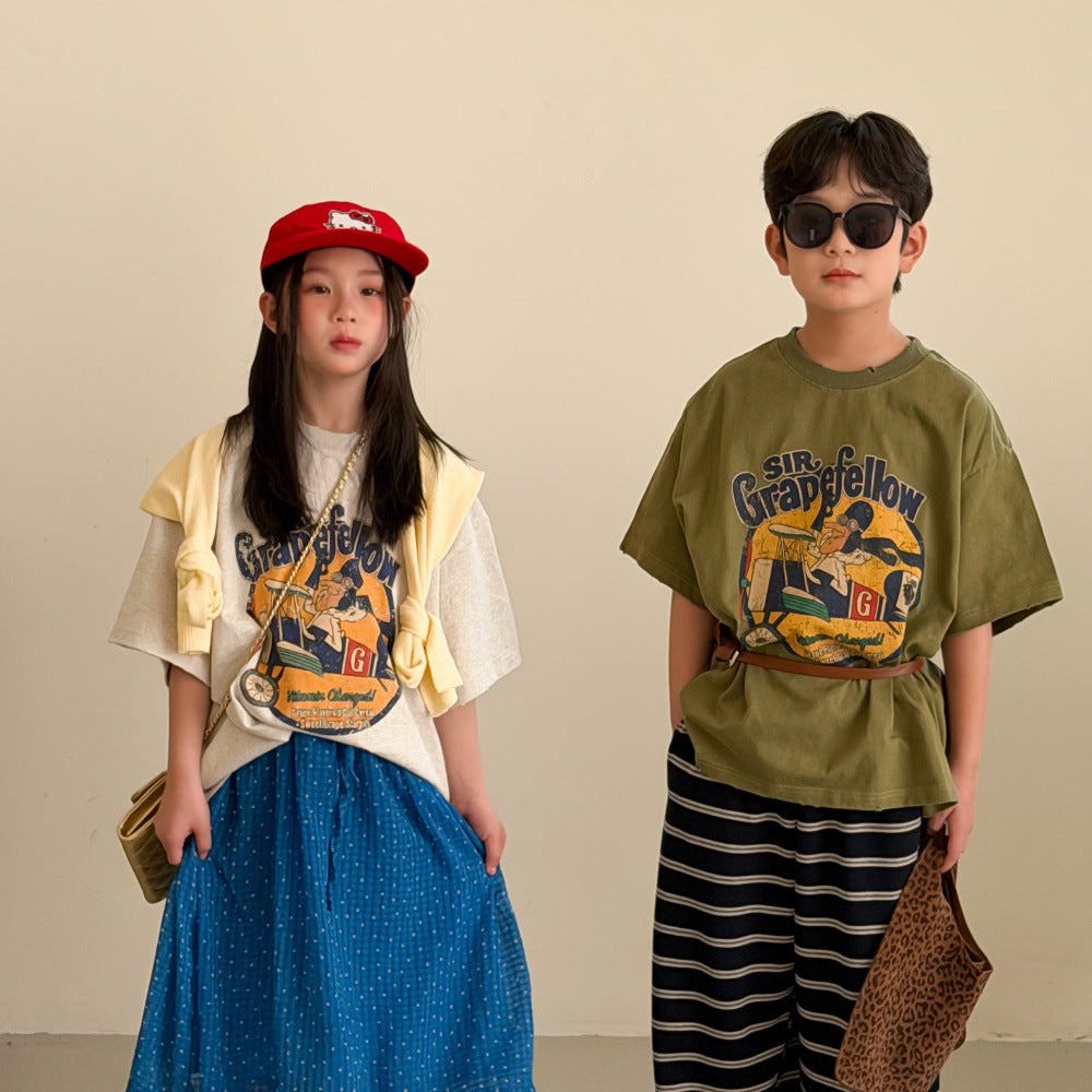 【100-160cm】字母圓領休閒寬鬆短袖