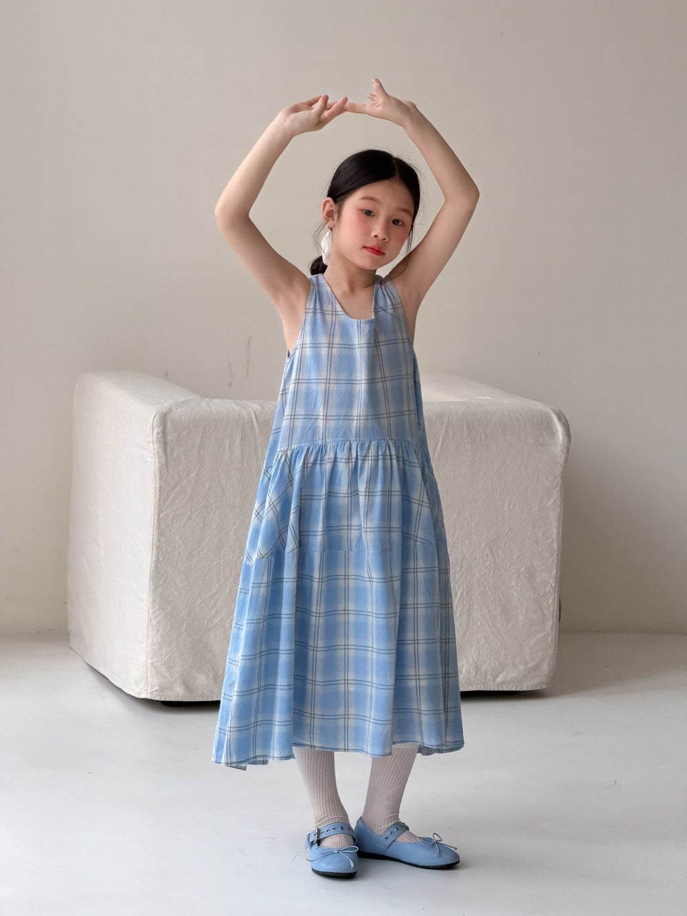 【100-160cm】韓版格子休閒寬鬆無袖連身裙