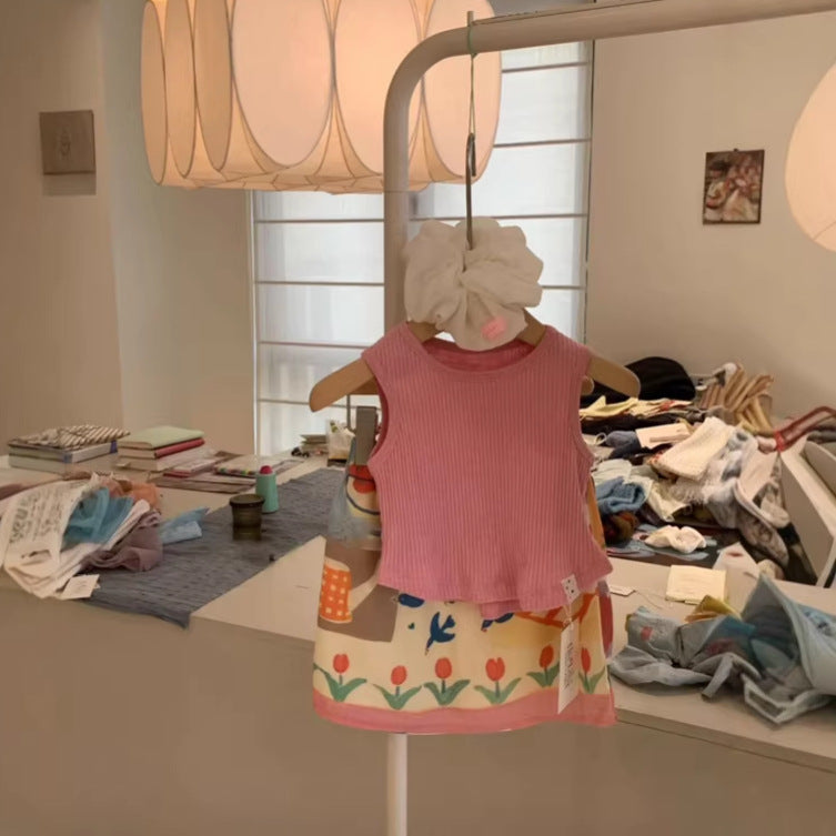 【90-140cm】坑條背心兒童彈性無袖上衣打底衫 | 印花半裙