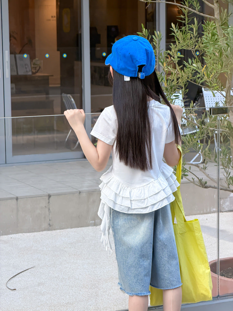 【100-170cm】側邊飄帶不規則荷葉花邊T