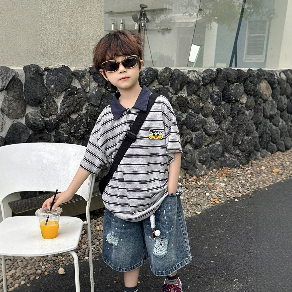 【100-160cm】條紋翻領短袖POLO衫