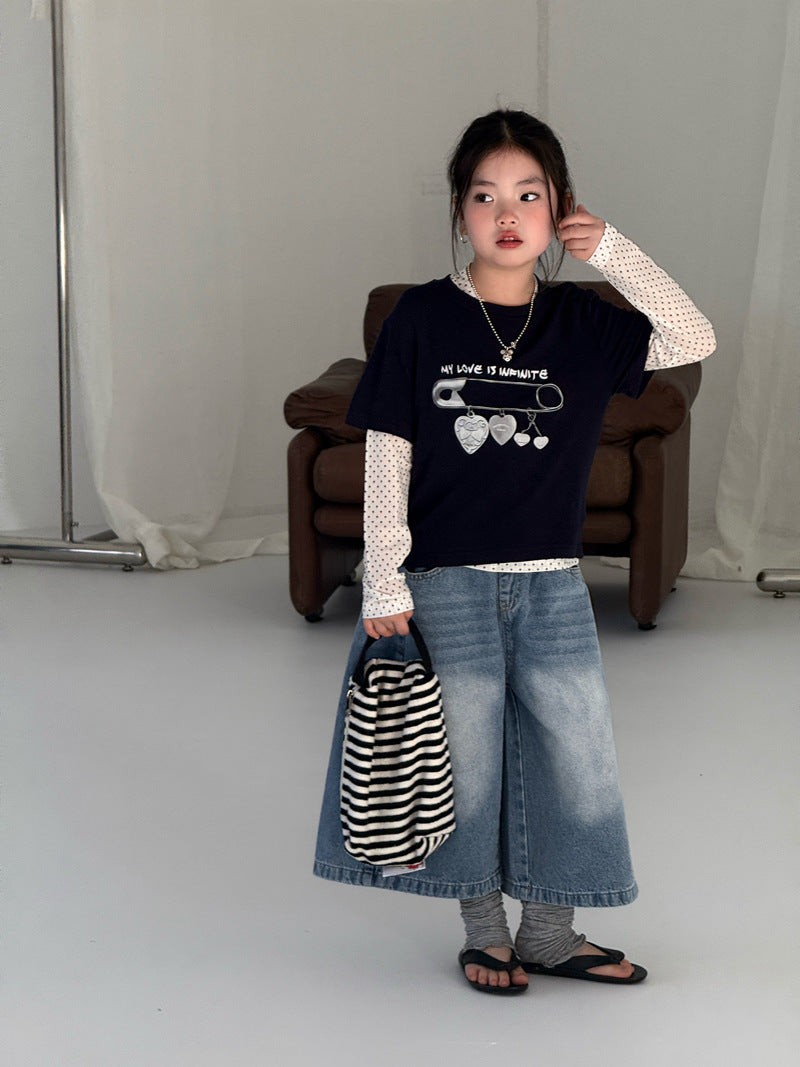 【120-160cm】疊穿針織兩件套上衣印花T