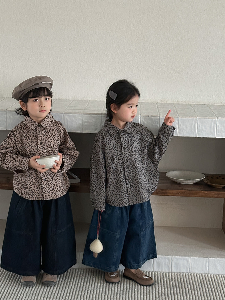 【80-140cm】復古港風豹紋襯衫