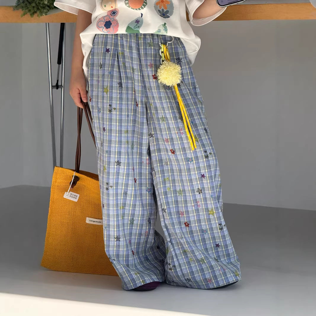 【120-160cm】星星格子寬鬆直筒褲