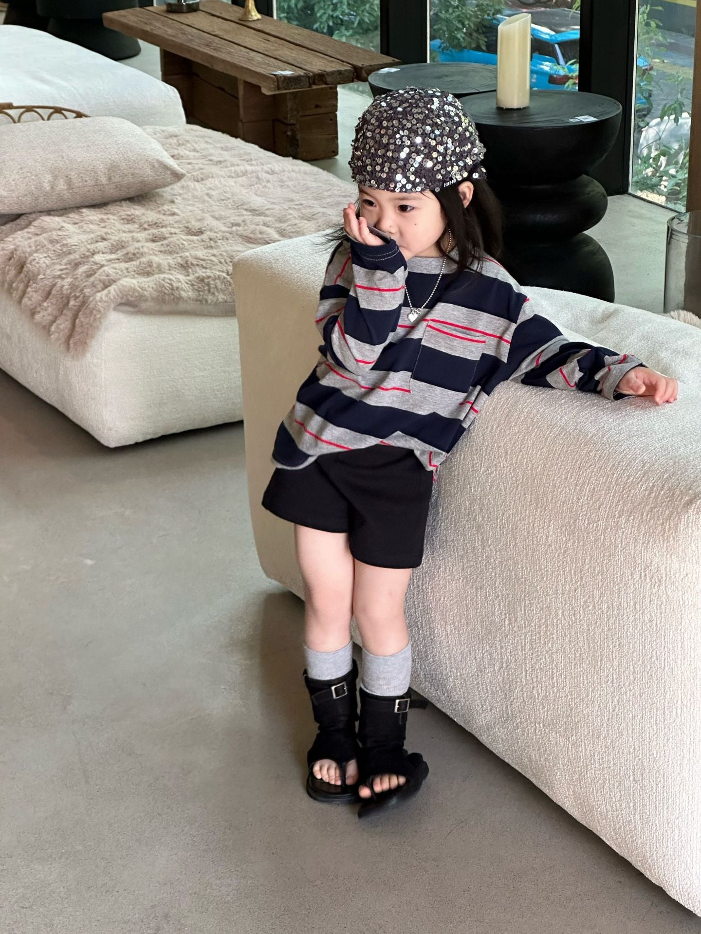 【90-140cm】條紋T | 黑色短褲