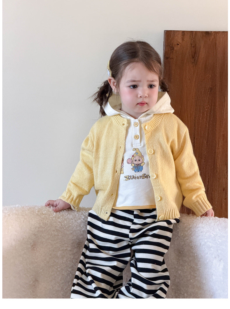 【73-110cm】星星連帽長袖 | 黃色針織開衫 | 條紋束腳褲
