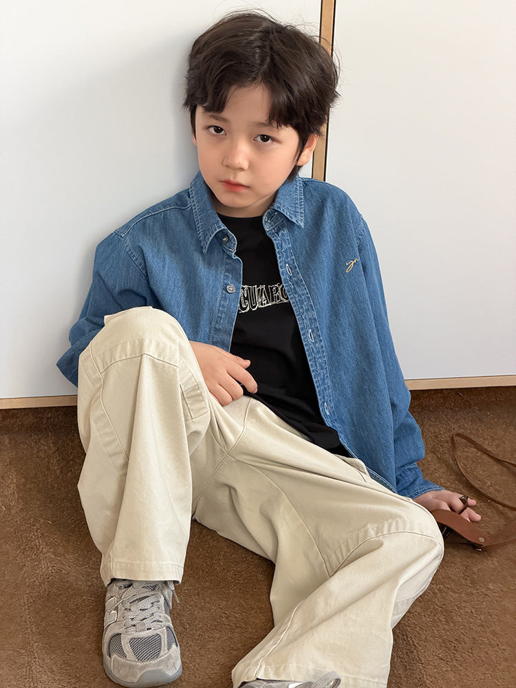 【100-170cm】復古全棉翻領刺繡軟牛仔襯衫