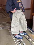 【100-160cm】韓系做舊工裝多口袋八分褲