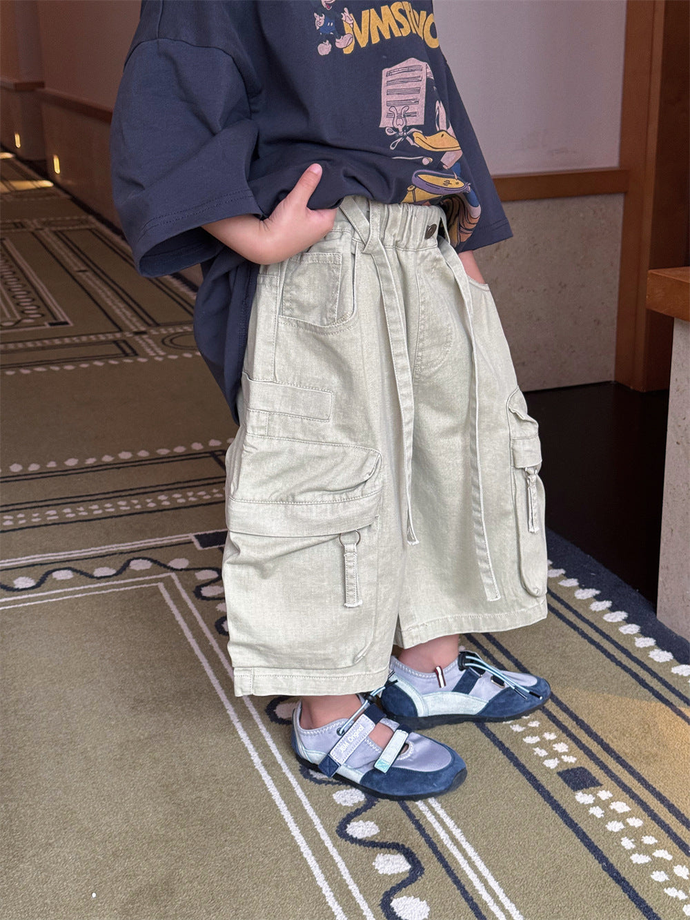 【100-160cm】韓系做舊工裝多口袋八分褲