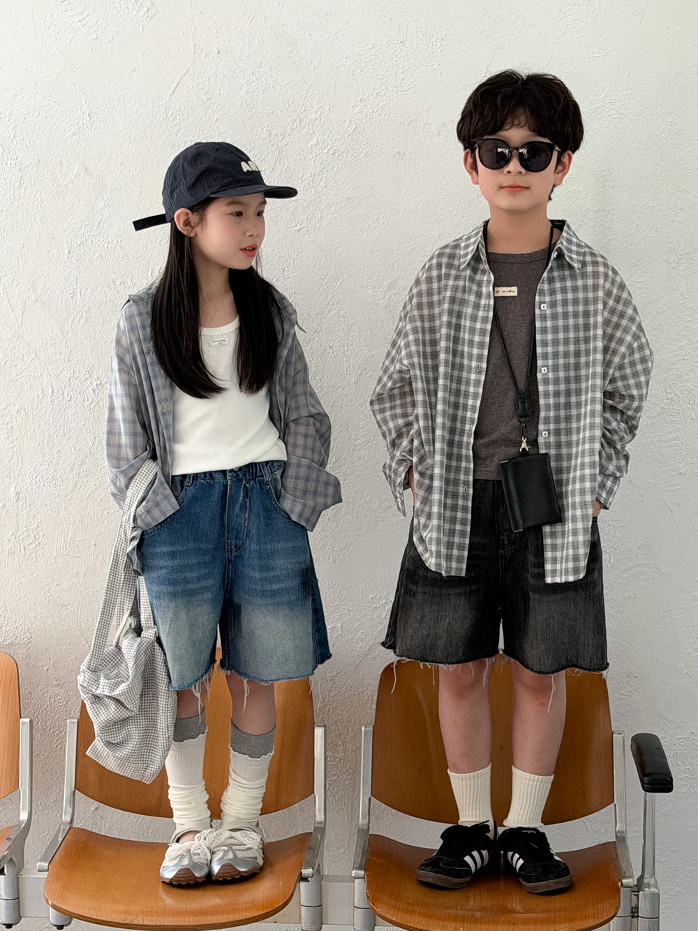 【100-160cm】韓版防曬格子襯衫