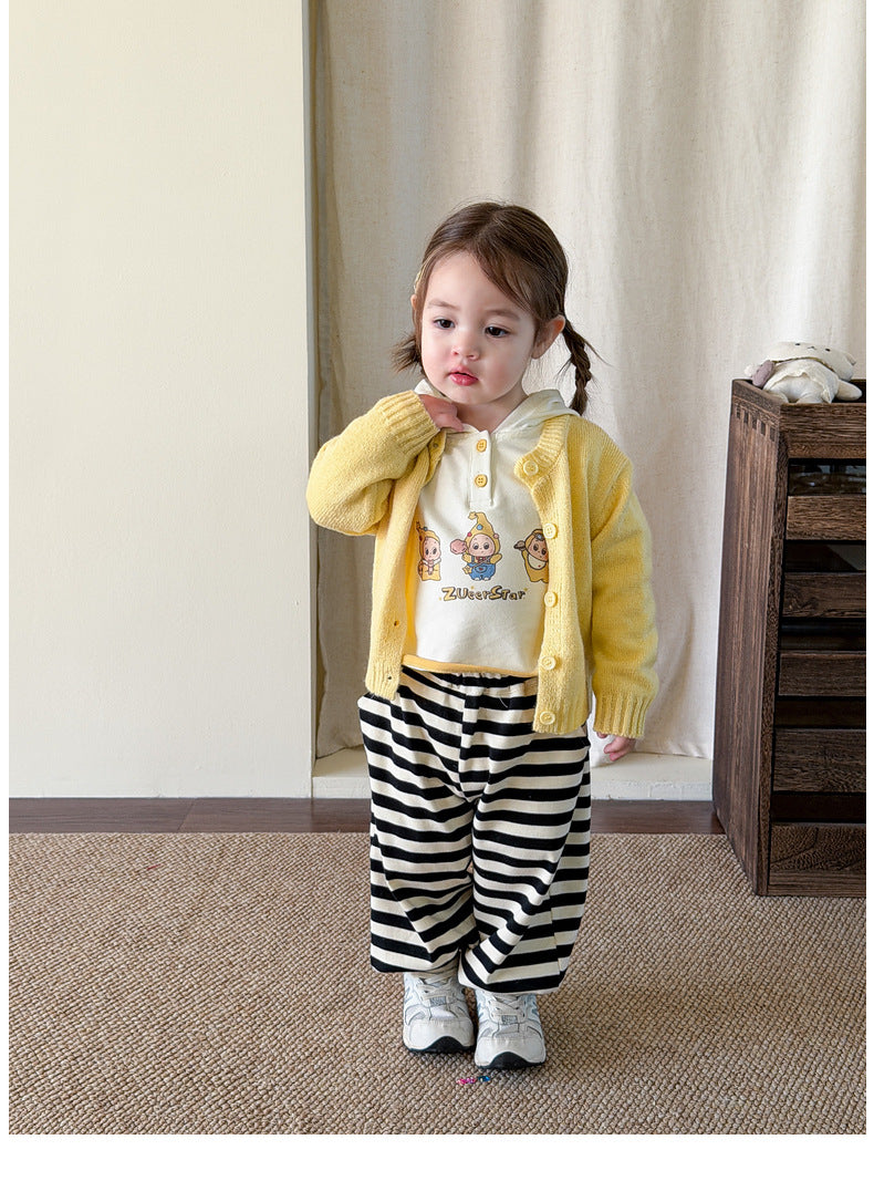 【73-110cm】星星連帽長袖 | 黃色針織開衫 | 條紋束腳褲