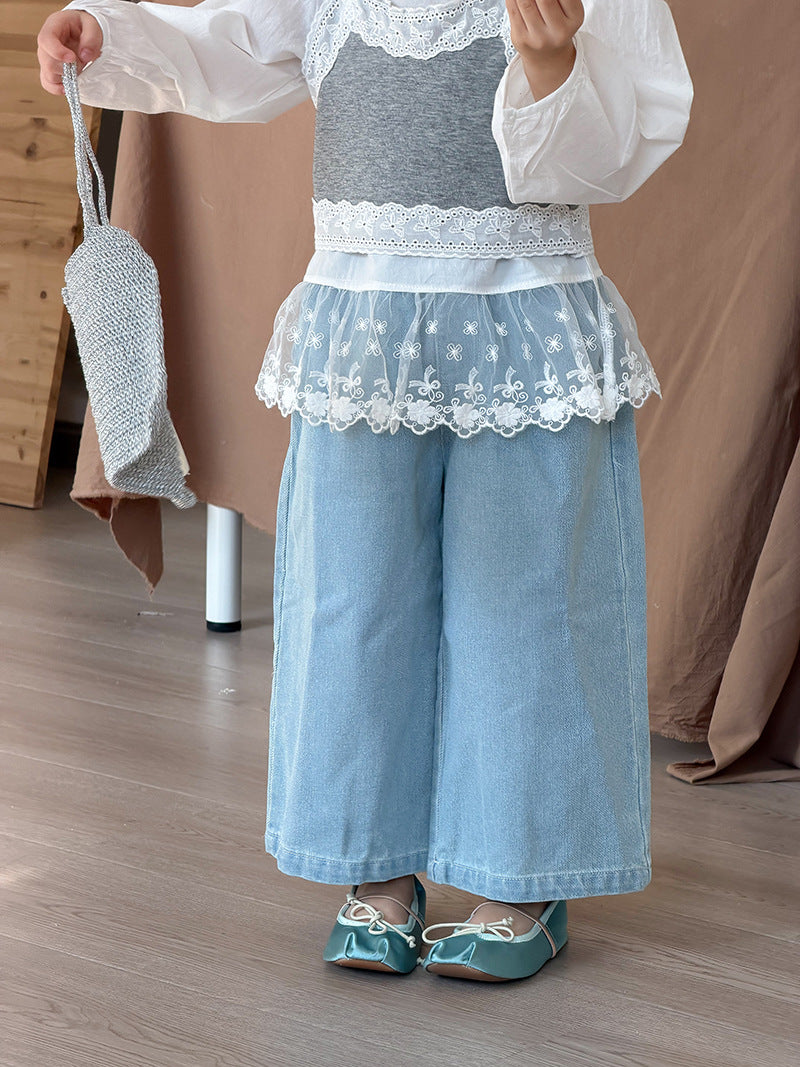 【90-140cm】小清新蕾絲花邊吊帶襯衫