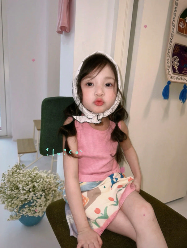 【90-140cm】坑條背心兒童彈性無袖上衣打底衫 | 印花半裙