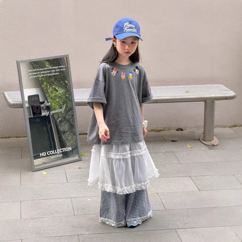 【100-160cm】韓版迪士尼印花短袖 | 花邊格子褲