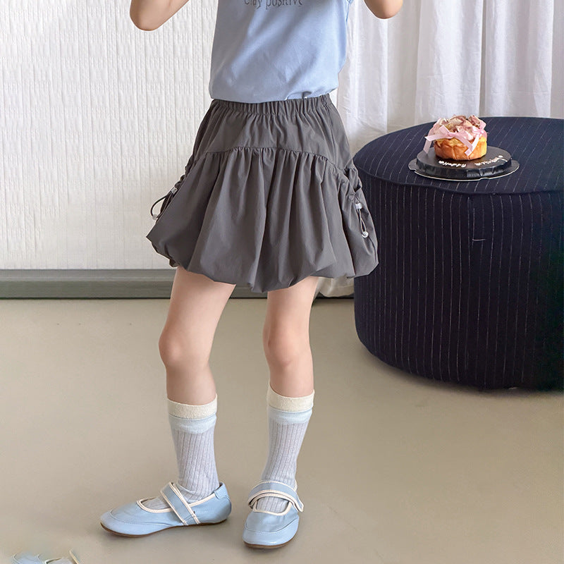 【100-170cm】甜美可愛雙側抽繩褶皺花苞短裙