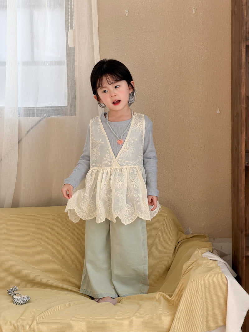 【90-140cm】韓版蕾絲網紗背心針織打底衫背心裙罩衫