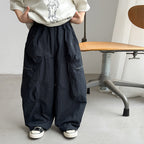 【100-170cm】(3色)山系休閒水洗棉寬鬆拼接口袋彎刀褲
