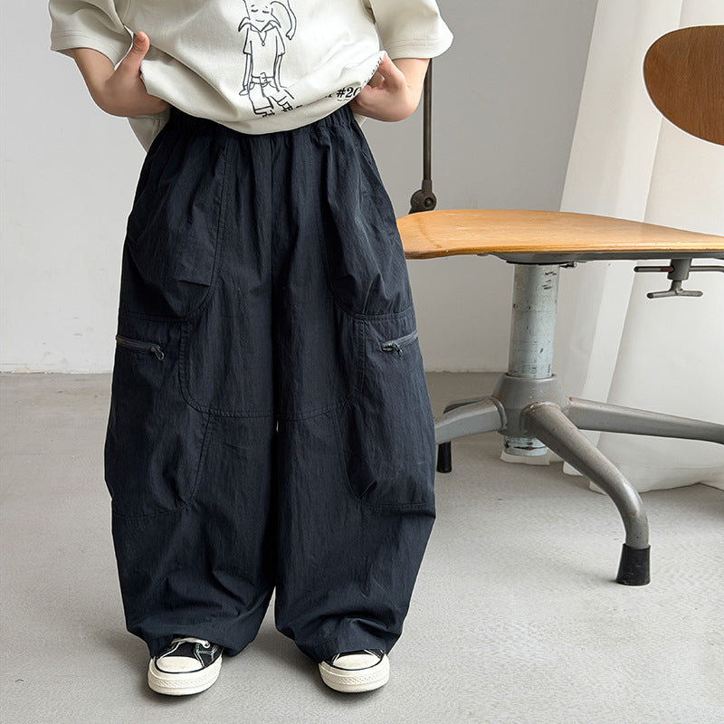 【100-170cm】(3色)山系休閒水洗棉寬鬆拼接口袋彎刀褲
