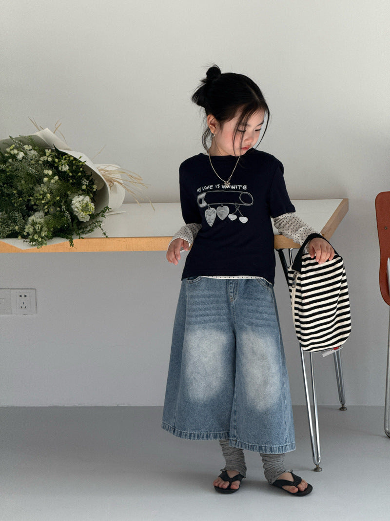 【120-160cm】疊穿針織兩件套上衣印花T