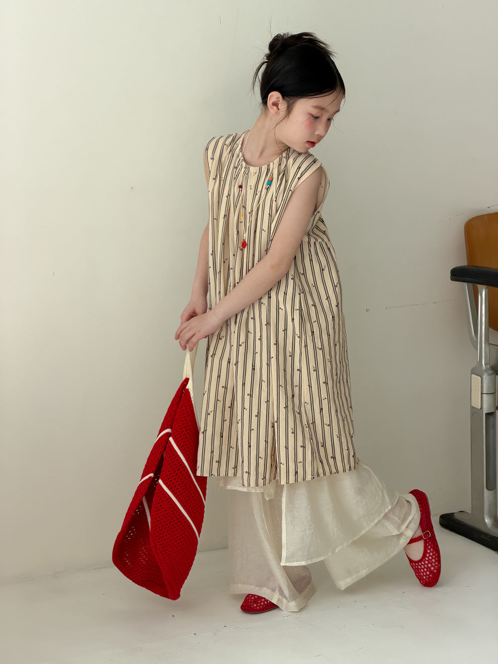 【100-160cm】韓版豎條紋小花背心裙