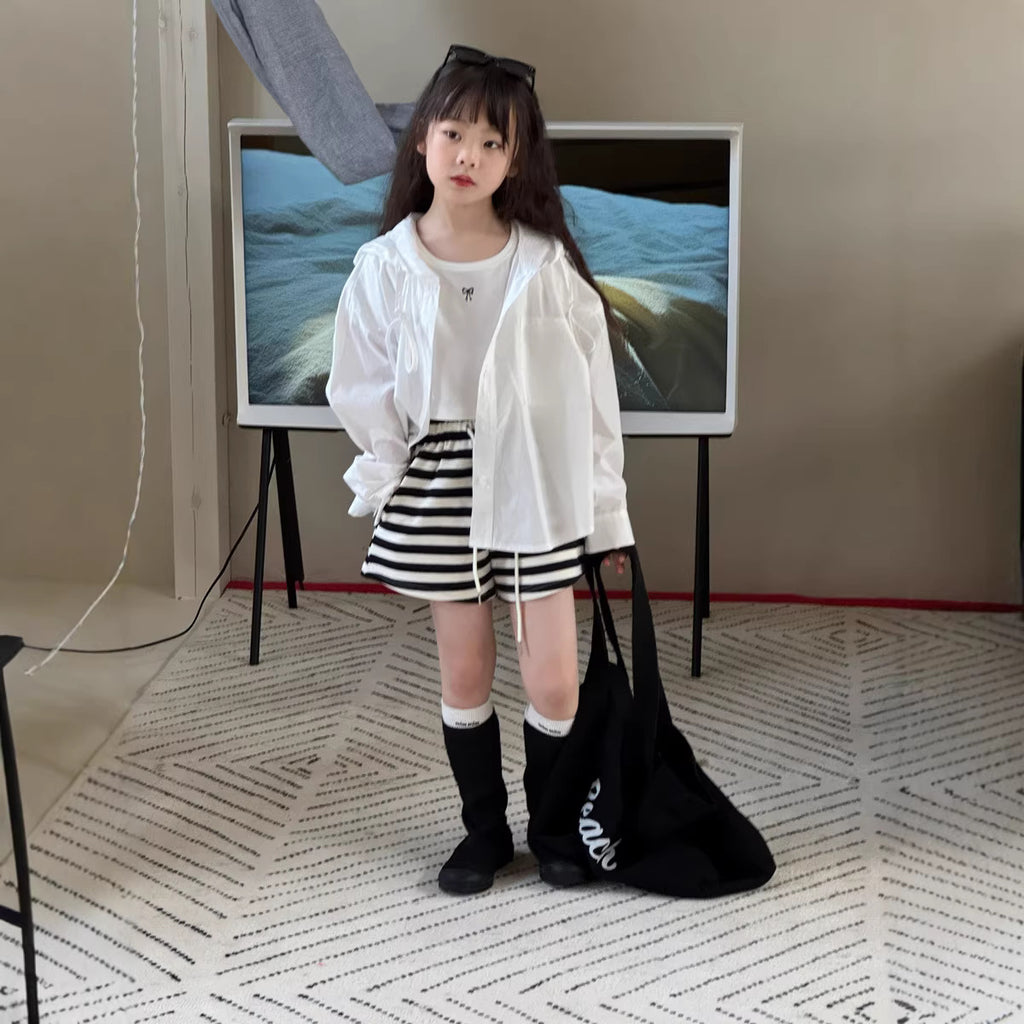 【100-150cm】黑白條紋休閒寬短褲