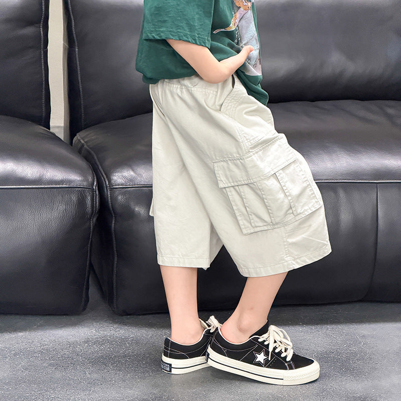 【100-170cm】3色~水洗棉寬鬆工裝五分褲