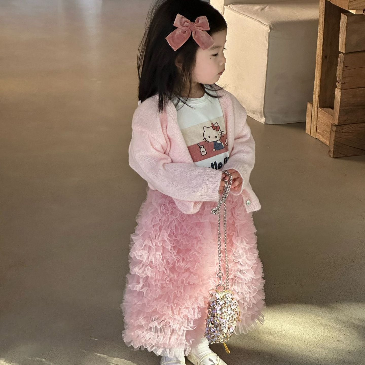 【90-140cm】薄款粉色針織衫 | 粉色紗裙