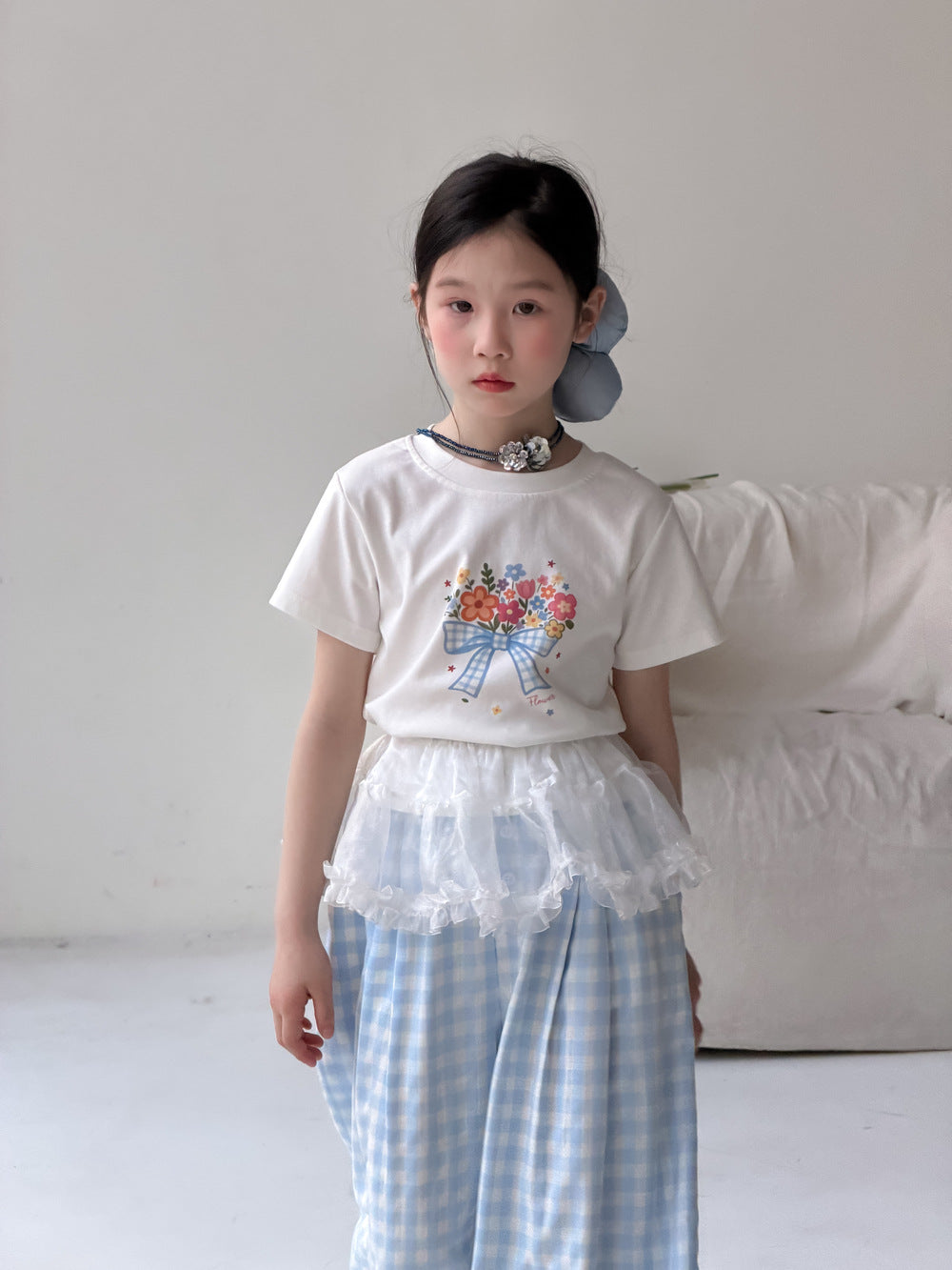 【100-160cm】韓版蝴蝶結花朵短袖