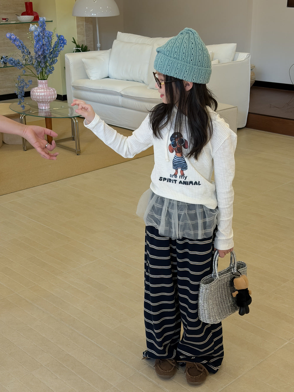 【100-160cm】輕薄寬鬆條紋闊腿褲