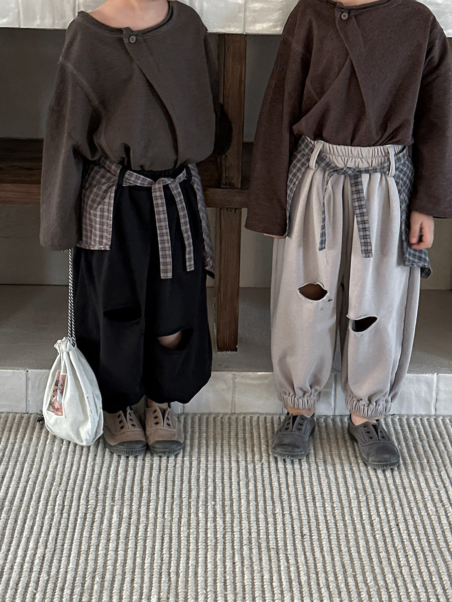【80-140cm】純色破洞針織褲+格子屁簾