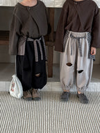 【80-140cm】純色破洞針織褲+格子屁簾