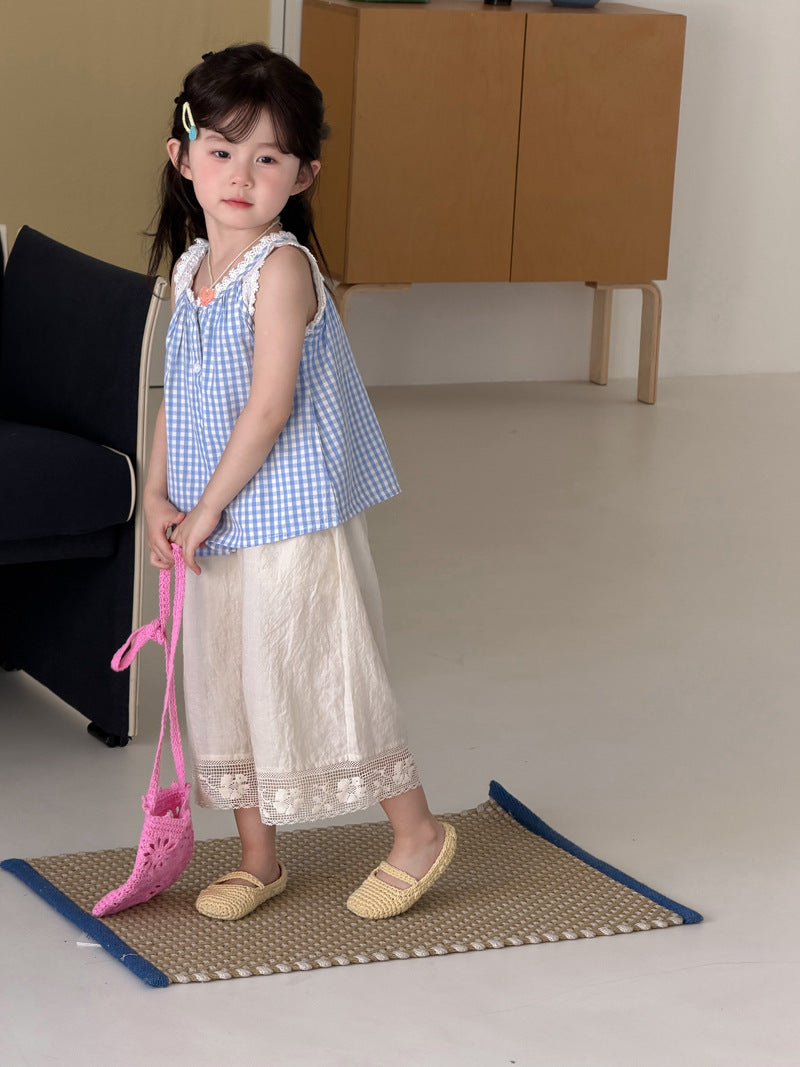 【90-140cm】格子蕾絲拼接背心