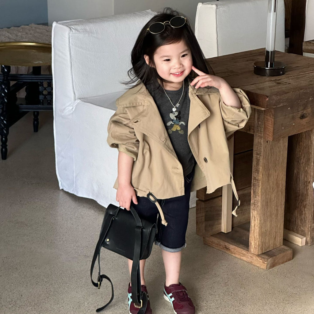 【90-140cm】大翻領短版風衣 |牛仔短褲