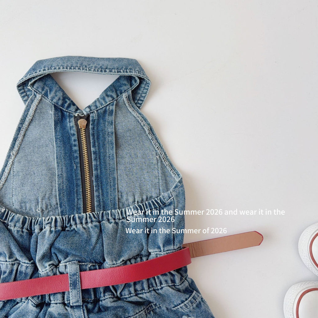 【90-150cm】【送包包皮帶】復古露背掛脖無袖翻領拉鍊高腰連身裙