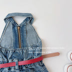 【90-150cm】【送包包皮帶】復古露背掛脖無袖翻領拉鍊高腰連身裙