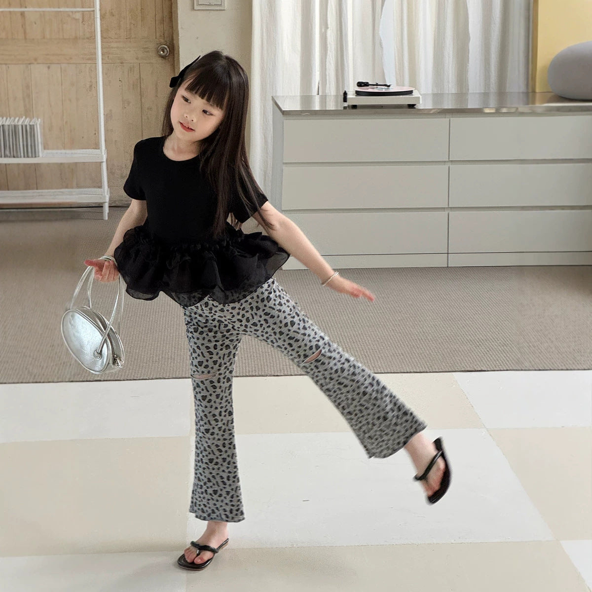 【110-150cm】韓版紗紗拼接短袖娃娃衫